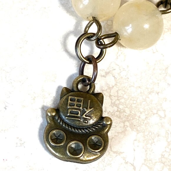 Natural Yellow Aventurine Necklace, Bronze Fortune Cat + Genuine Gemstone Choker - Picture 7 of 14